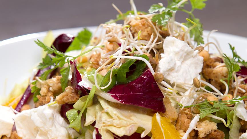 © ORF/Interspot Salat von Radicchio mit Orangen, Schafskäse und Mandel-Fenchel-Streusel