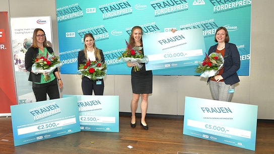 © © ORF Dr.in rer nat., BSc, MSc Andrea Hochegger (Sonderpreis Tech for Green), Dipl.-Ing.in Johanna Bartlechner (3. Platz), Dipl.-Ing.in Carina Lehmal (1. Platz), Dr.in Daniela Kaufmann (2. Platz) waren die Preisträgerinnen 2022
