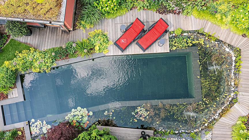 Großstadt-Idyll am Wasser - dank der Linienführung des Stegs entsteht eine schöne Raumbildung. (PGG Potsdamer Gartengestaltung GmbH)