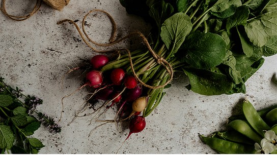 Erdiger Radieschenbund, daneben eine Paketschnur und weitere Pflanzen