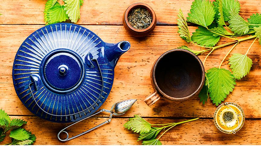 Blauer Teekessel, Tasse, Sieb und einem Schälchen, rundherum liegen einige Brennnesseltriebe