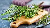 Rosmarinzweige auf Schneidbrett, daneben ein Messer und ein Küchentuch