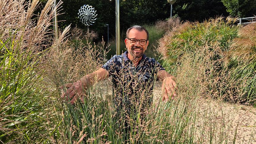 Karl Ploberger blickt durch herbstliche Gräser.