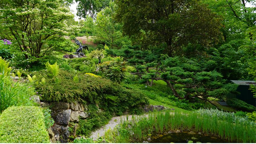 Hier kann man beim Teich verweilen.