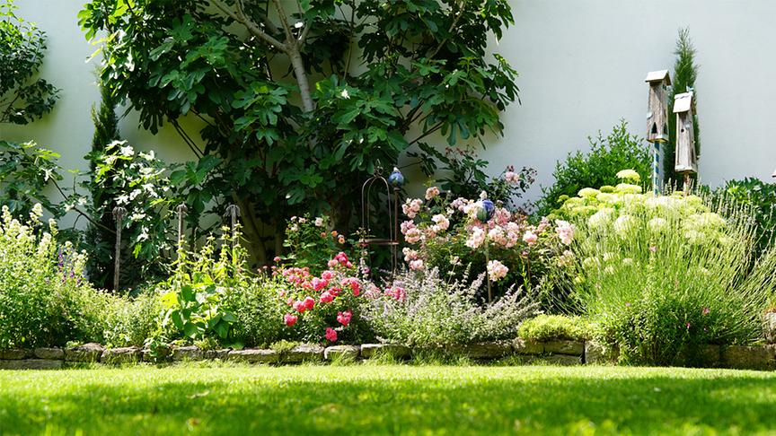 Hübsche Blumen in Rosa- und Rottönen schmücken das kleine Paradies.