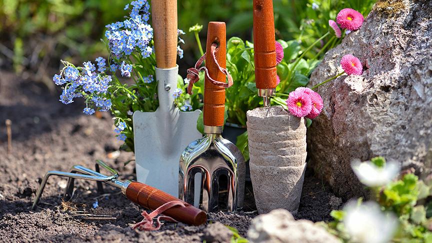 Gartenwerkzeug im Frühlingsgarten