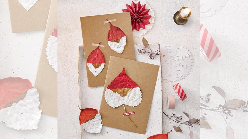© Foto: Silke Zander, Hölker Verlag Weihnachtsmannkarten aus getrockneten Blättern