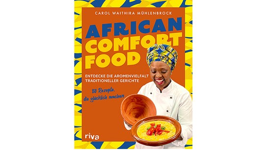 Buchcover "African Comfort Food" in bunten Farben und mit einem Bild der Autorin