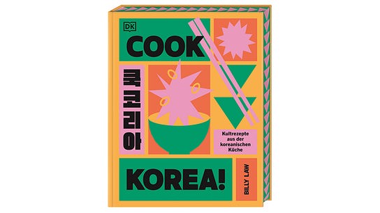 © © DK Verlag Buchcover von "Cook Korea!" mit bunten Illustrationen und Formen sowie koreanischen Zeichen.