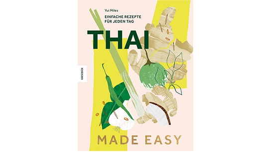 Buchcover vom Kochbuch "Thai made easy" mit lachsfarbener und gelber Hintergrundfärbung und Illustrationen von Stäbchen, Ingwer und anderer verschiedener Lebensmittel.