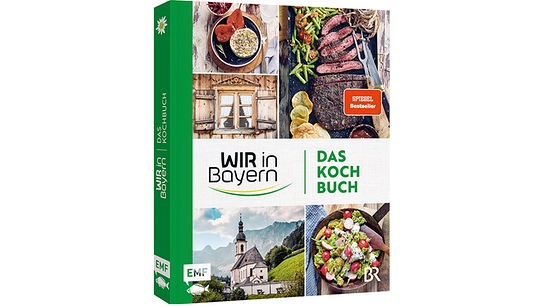 Buchcover von Wir in Bayern - Das Kochbuch mit verschiedenen Bildern aus Bayern und Gerichten.
