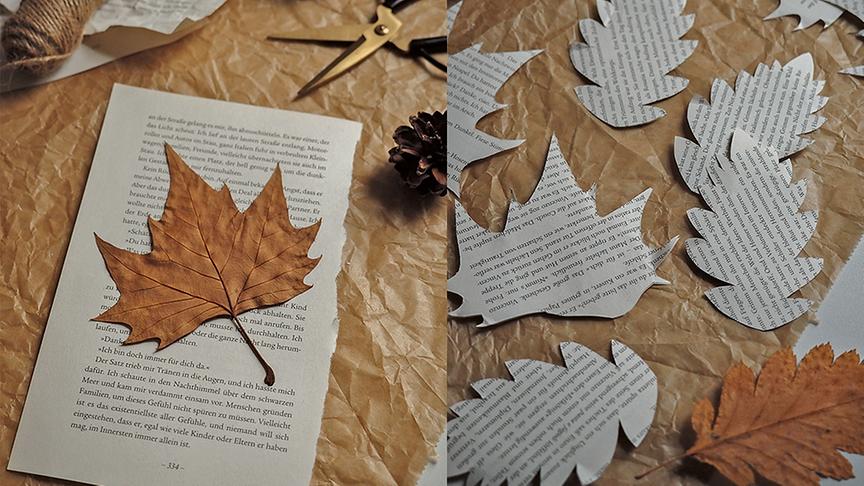 © CV Verlag Für eine Papier-Girlande wird getrocknetes Laub auf Papierseiten gelegt und ausgeschnitten.