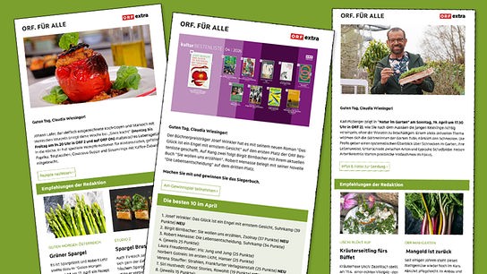 Abbildung der Newsletter "Kochen", "Bestenliste" und "Natur im Garten"