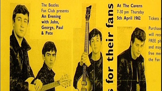 Gelb-schwarzes Foto eines Flyers, auf dem "The Beatles Fan Club presents An Evening with John, George, Paul & Pete" einen Auftriff der Band ankündigt.