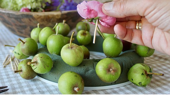 Steckring, indem bereits einige kleine Äpfel gesteckt sind. Eine Hand ist gerade dabei eine rosa Blüte zu stecken.
