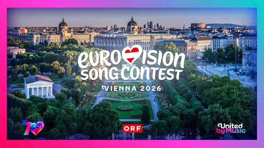 Eurovision Song Contest Logo mit Wien im Hintergrund