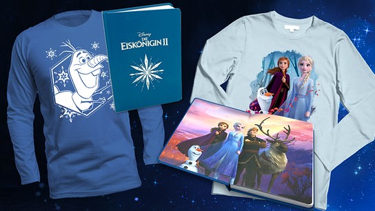 © © 2019 Disney Goodie-Bag, bestehend aus Schlüsselanhänger Olaf, Schlüsselanhänger Elsa, Erwachsenen T-Shirt (s. Abbildung), Kinder T-Shirt (s. Abbildung), Notizbuch (s. Abbildung).