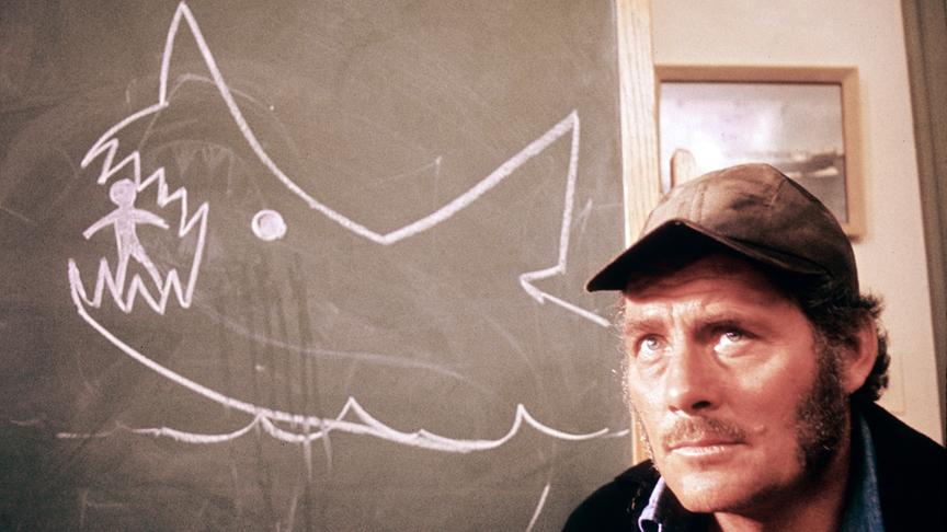 Mann mit Kappe vor einer Tafel auf der ein Hai mit einem Menschen im Maul mit Kreide skizziert wurde