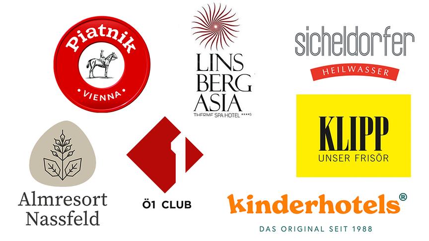 Kundenlogos: Piatnik, Therme Linsberg Asia, Sicheldorfer Heilwasser, KLIPP, Kinderhotels, Ö1 Club, Almresorts Nassfeld.