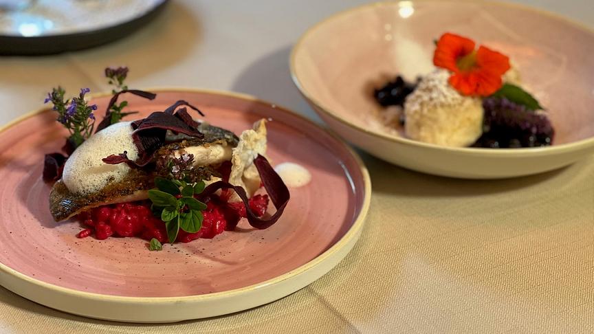 Gegrilltes Forellenfilet und Rote-Rüben-Risotto sowie Schwarzbeer-Topfen-Knödel