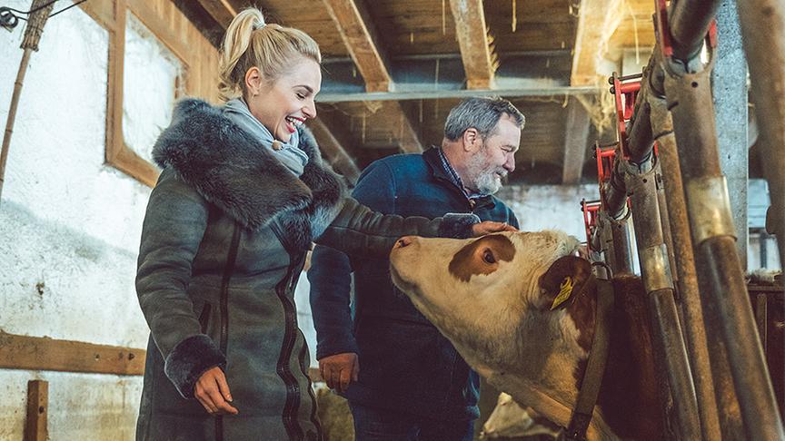 Silvia streichelt eine Kuh im Stall von Nikolaus Rettenwender.