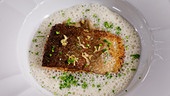 Gebratene Lachsforelle an Sauerkraut-Schaum & Schwarzbrot-Semmelkren