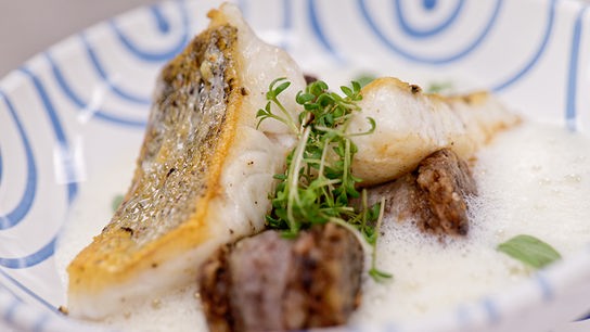 © Silvia Schneider GmbH/ Juraj Melicher Gebratener Zander mit Breinwurst und Sauerkrautschaum