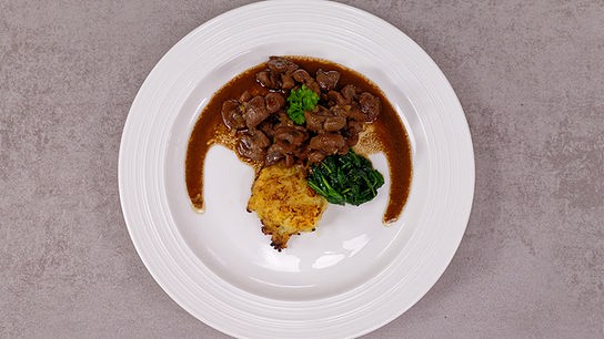 Kalbsnieren mit Senf-Balsamico-Sauce, Blattspinat und Rösti