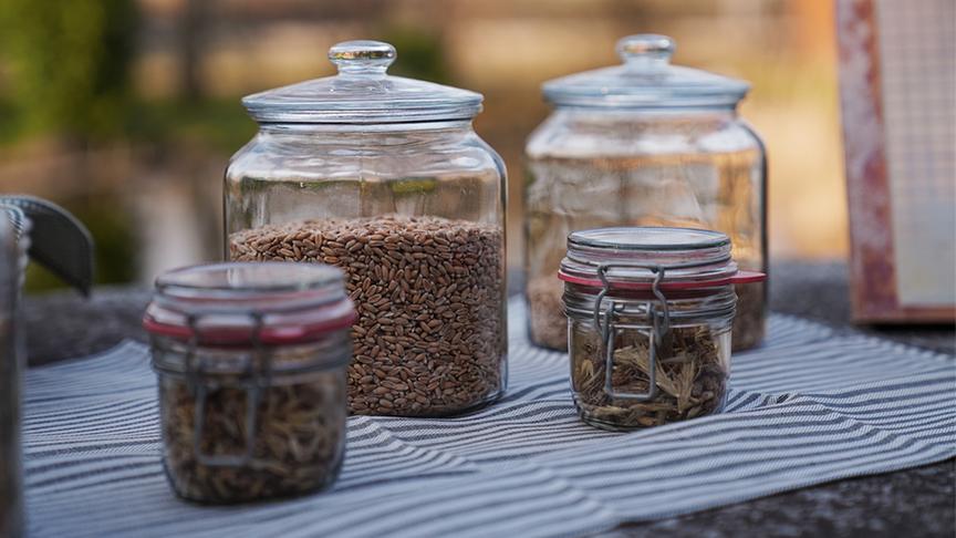 © Foto: Simeon Baker Einmachgläser mit Getreide bei der Rosenfellner Mühle in St. Peter in der Au.