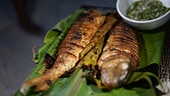 Kaiserfisch in Bananenblättern mit Kokos-Tuna Salat