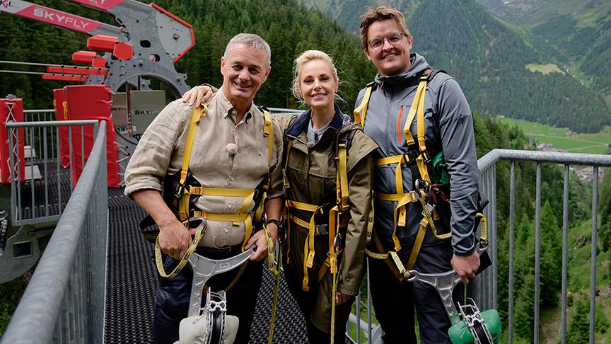 Skyfly über Ischgl (im Bild: Silvia Schneider mit Thomas Köhle und Bernhard Zangerl)
