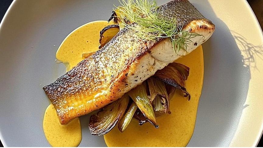 © Foto: Unsplash (Beispielfoto) Gegrillter Fisch angerichtet auf Fenchel und einer orangen Sauce sowie garniert mit einem Kräuterzweig.