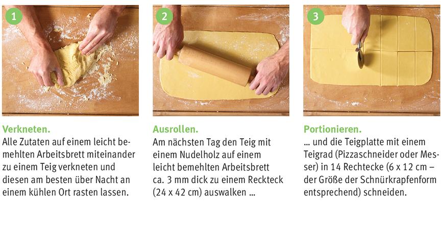 © Foto aus der ORF nachlese (Ausgabe 02/2022)/ Stephanie Golser Schnürkrapfen-Zubereitung Schritt 1 - 3.