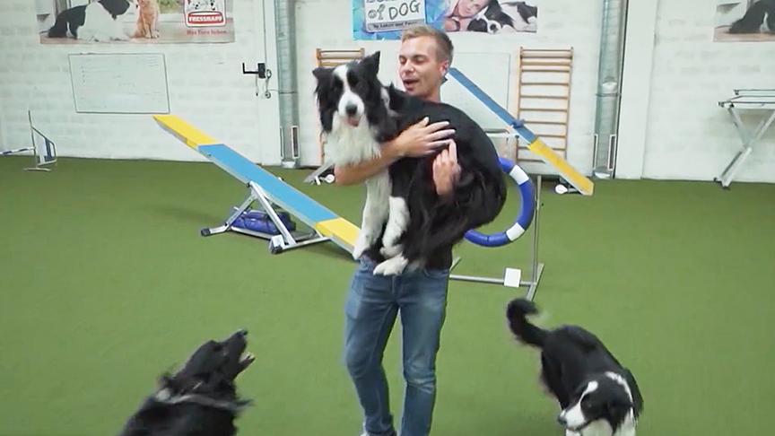 Lukas Pratschker trägt einen Hund auf den Armen