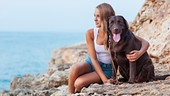 Ein Hund sitzt mit seinem Frauchen auf einem Felsen mit Blick aufs Meer