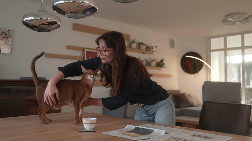 Eine Frau ist gerade dabei, eine Katze vom Esstisch zu heben.
