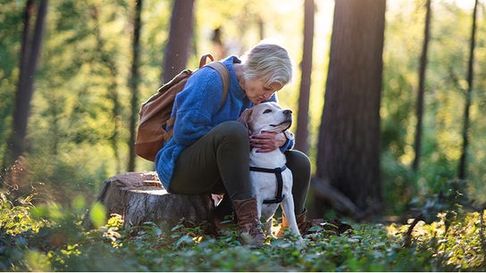 Eine Pensionistin geht mit ihrem Hund im Wald spazieren