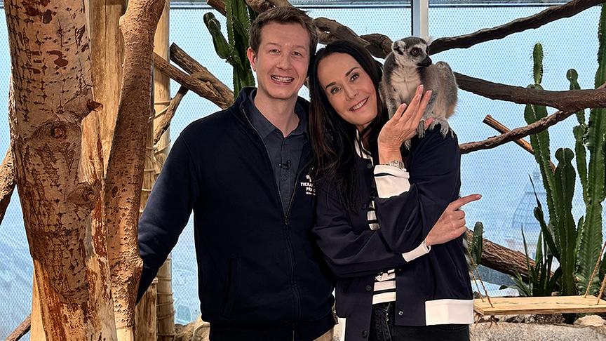 Zoodirektor Jeff Schreiner und Maggie Entenfellner mit einem Katta (Lemuren-Art) auf der Schulter. 
