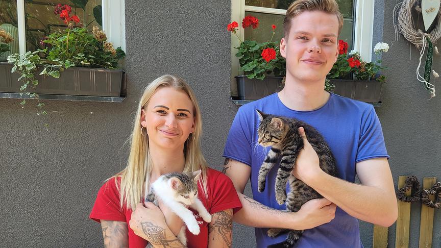 Stefaine Löcher und Felix Arlhofer auf der Babykatzenstation