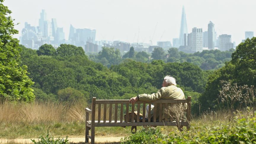Ein älterer Herr auf einer Bank in einem Park; im Hintergrund die Skyline Londons