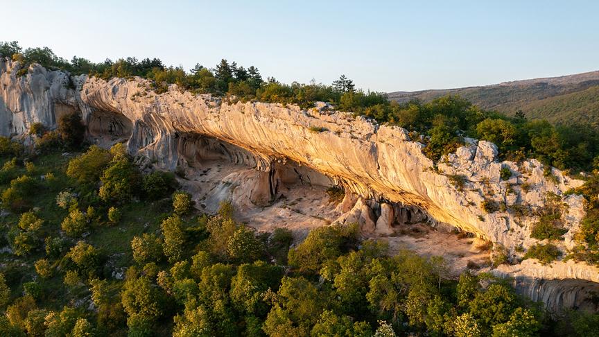 Helle und interessant geformte Klippe in waldigem Gebiet.