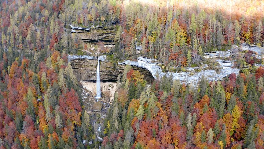 Herbstlich gefärbte Bäume und ein Wasserfall, der vor einer Felswand in die Tiefe stürtzt.