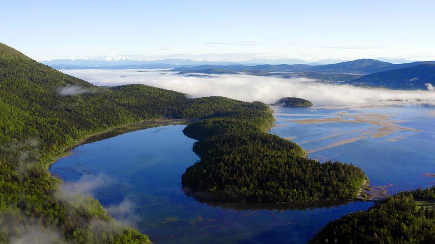 Ein See dessen angrenzende Hügel als auch Inseln bewaldet sind.