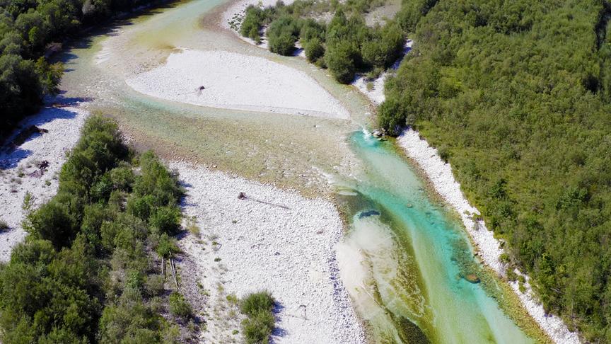Flussbett mit teils trockenen Kiesbänken und türkisem Wasserlauf umgeben von Wald.