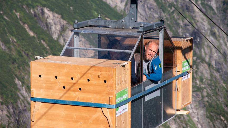 Eine offene Seilbahnkabine aus Metall schwebt vor einer steilen, teils bewachsenen Felswand im Hochgebirge. An den Außenseiten der Kabine sind große, braune Holzkisten mit Lüftungslöchern befestigt, die mit Gurten gesichert sind. Auf einer Kiste ist die Aufschrift „HERMANN“ zu erkennen. In der Kabine sitzen zwei Personen, wovon ein Mann mit hellem Bart und blauem Oberteil direkt aus der Gondel nach draußen blickt. 