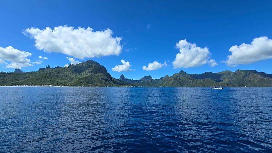 Die grüne Insel Moores erhebt sich mit einigen spitzen Bergzügen aus dem tiefbaluen Pazifik.