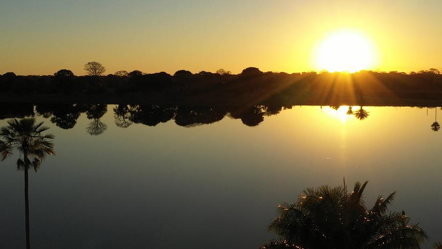 Im Bild: Die untergehende Sonne spiegelt sich auf der glatten Oberfläche eines Sees im Pantanal – ein magischer Moment.