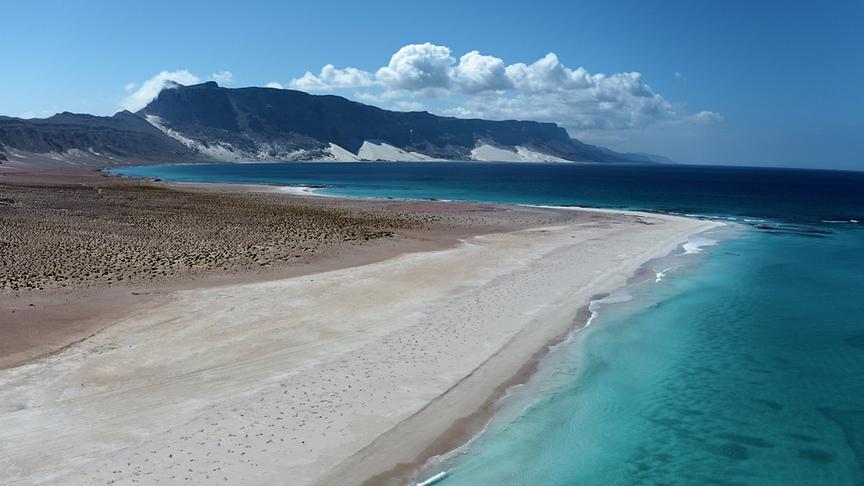 Im Bild: Küste der Insel Socotra mit  hellem Sandstrand im Vordergrund und Bergen im Hintergrund.