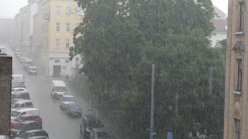 Starker Regen über einer Straße mit geparkten Autos und einem Park.