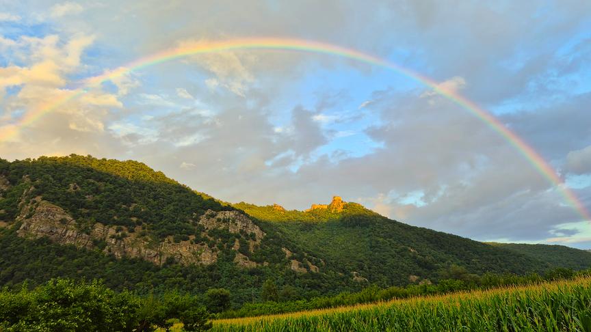 © Julia Thaller Ein Blick von Willendorf in der Wachau auf die Ruine Aggstein unter einem Regenbogen. (Julia Thaller)